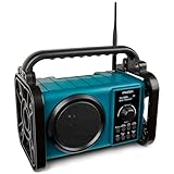 MEDION E66877 DAB+ Baustellenradio (Robustes Gehäuse, Spritzwassergeschützt (IP44), Bluetooth 5.0, PLL UKW Radio, LED-Arbeitslicht, Akku- und Netzbetrieb) blau